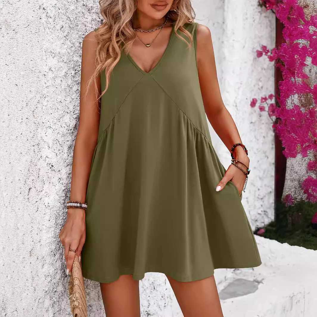 2024 Womens Beach Dress Casual V-neck Sveless Loose Vest Dress Womens Summer Sun Dresses Fe Retro Solid Soft DressXJ2500207
