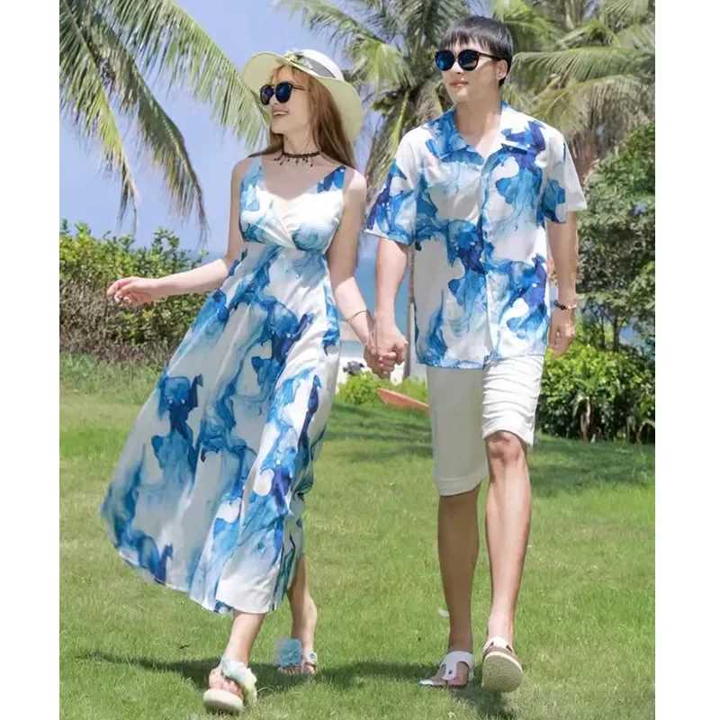 Holiday Resort Family Matching Blue Clothes Vacation Look Daughter Mom Dress Father and Son Beach Tops + Shorts 2 Piece Outfits W250207