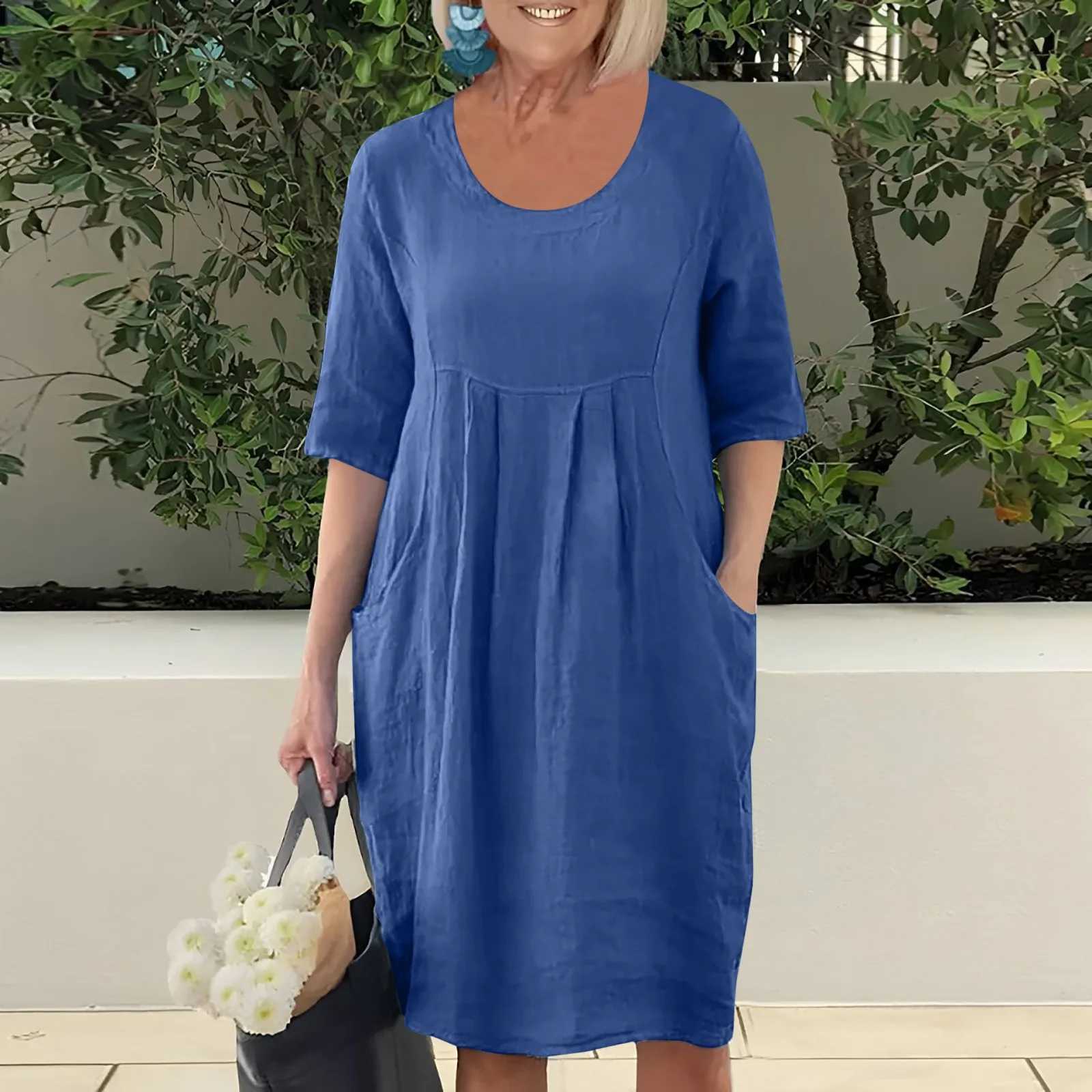 Dresses For Girls 2024 Summer For Women Ele Solid Color Cotton Linen Pockets Tunic Midi Dress Loose Vestidos Verano ModaXJ2500207