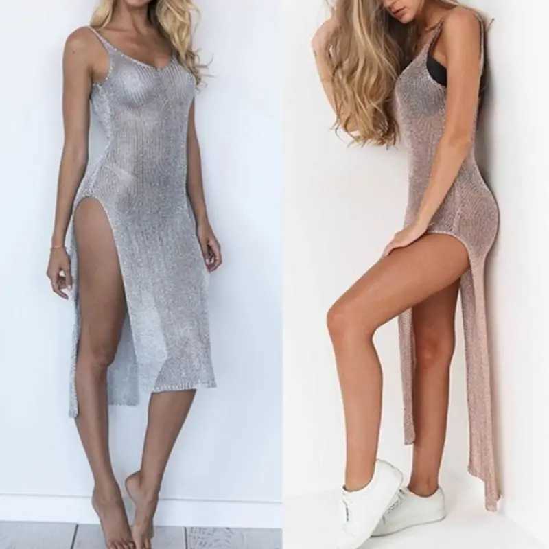 Women Sexy Summer Sunsn Sheer Mesh Bikini Cover Up Metallic Solid Color Backless High Slit Beach Club Party Sveless DressXJ2500207