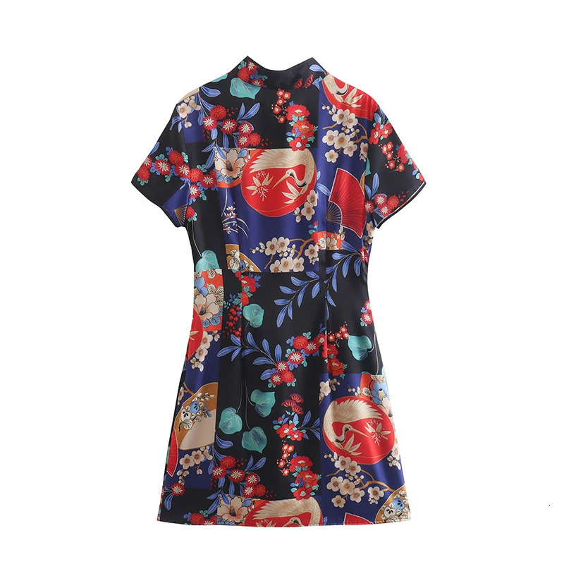 SIYANG Retro Printed Knot Chinese Dress Elegant Womens Short Sleeve Mini Unique 250206