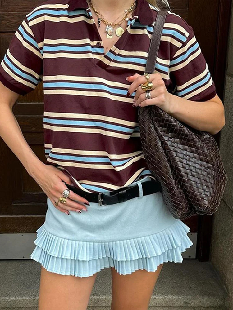 Vintage Striped Polo Shirts Women Casual Loose Lapel Button Short Sleeve Shirt Tops Female Spring Chic Versatile High Streetwear 250207