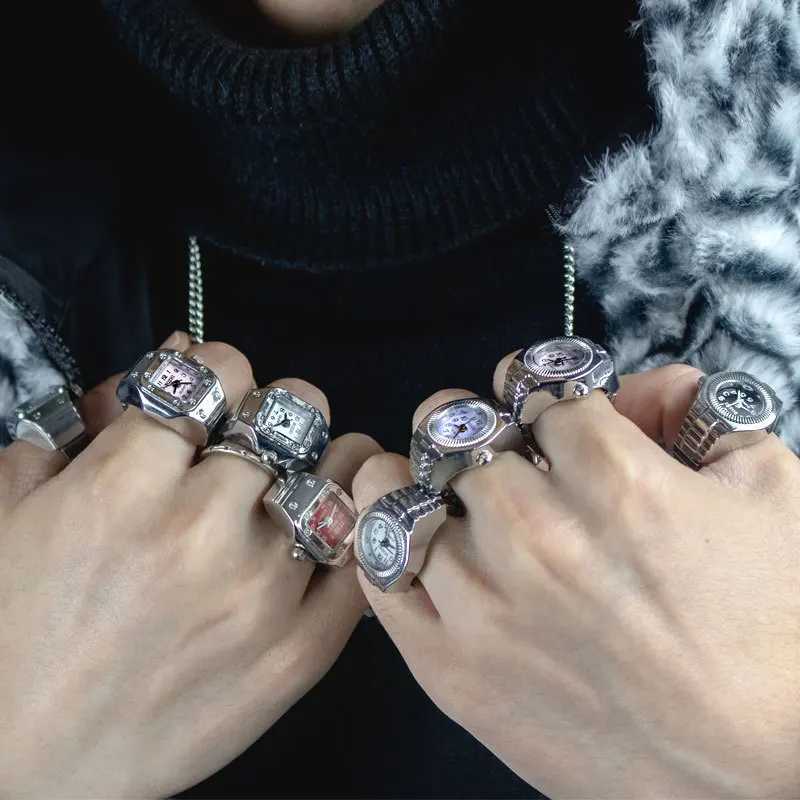 WLP 2023 Fashion Mini Quartz Watch Clock Finger Rings for Men Women Elastic Strap Punk Gothic Couple Roman Ring Jewelry Gift W250207