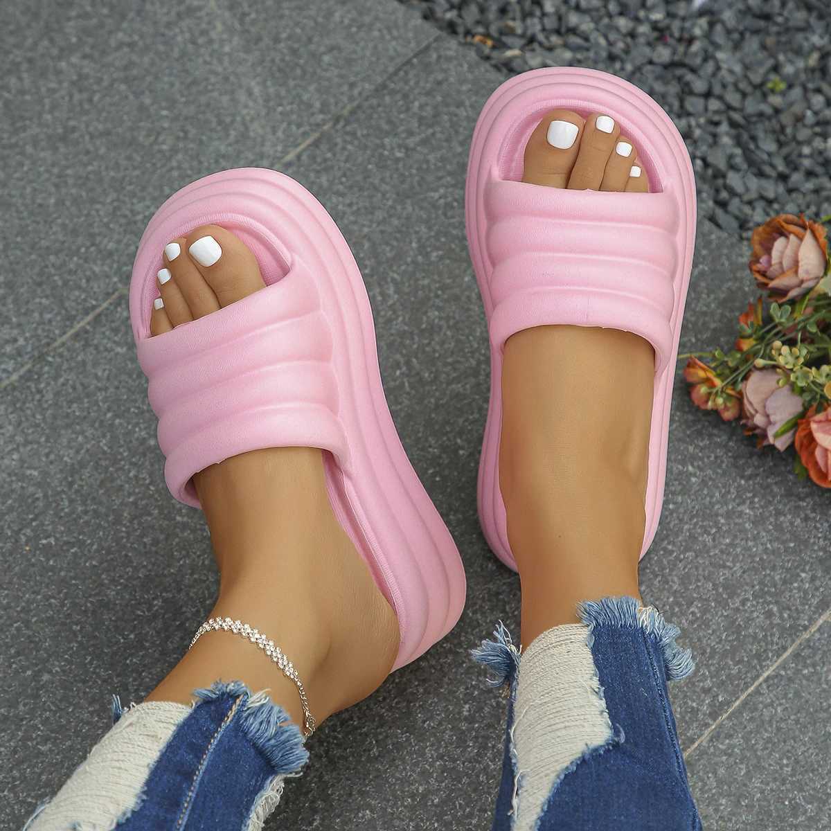 Hot Pink Chunky Platform Slippers Women Summer 2024 Thick Bottom Wedge Heels Sandals for Woman N Slip Outdoor Flip Flops MujerXJ250207