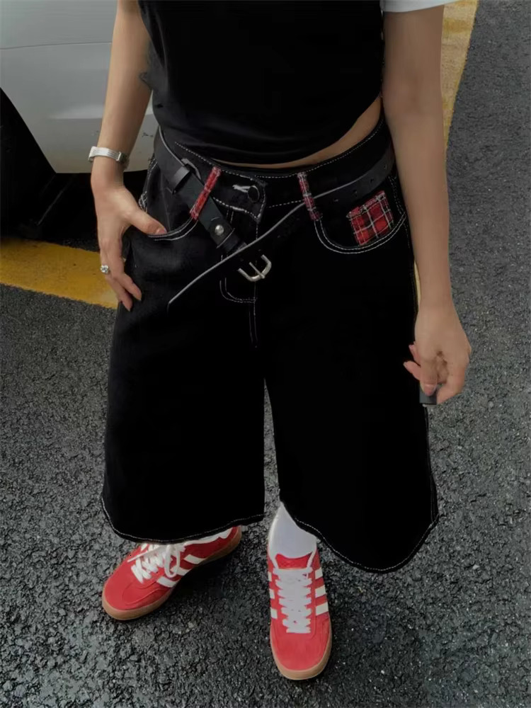 Summer Women's Red Checkered Pocket Cropped Jeans Young Girl Wide Leg Denim Shorts Female High Waist Loose Retro S Pants