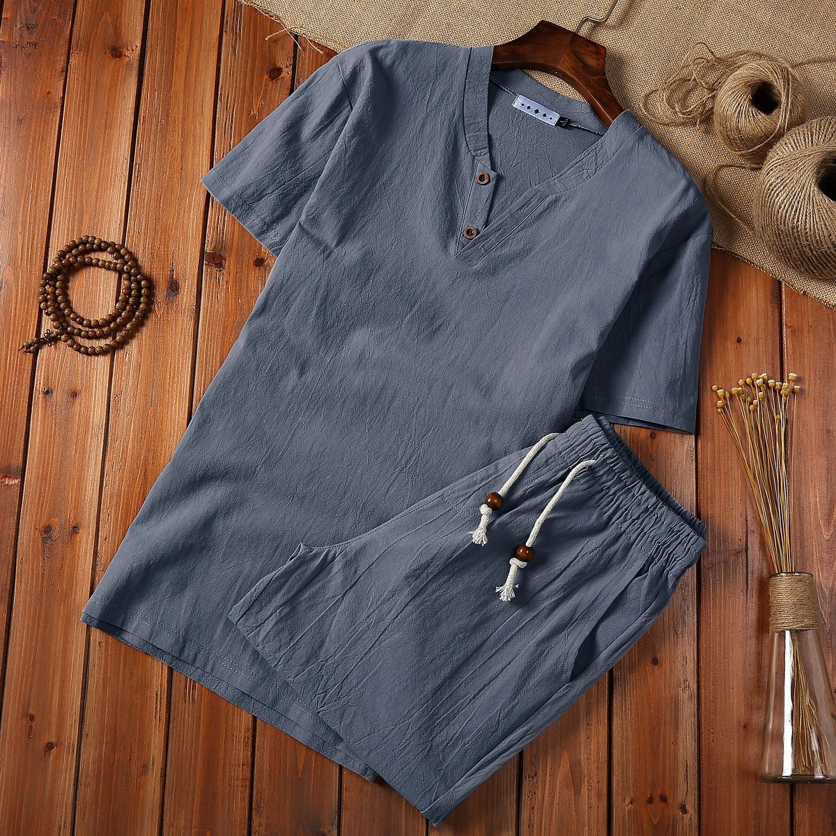 5XL summer loose retro casual cotton linen mens clothing Chinese style long sleeved Tshirt twopiece set 250207