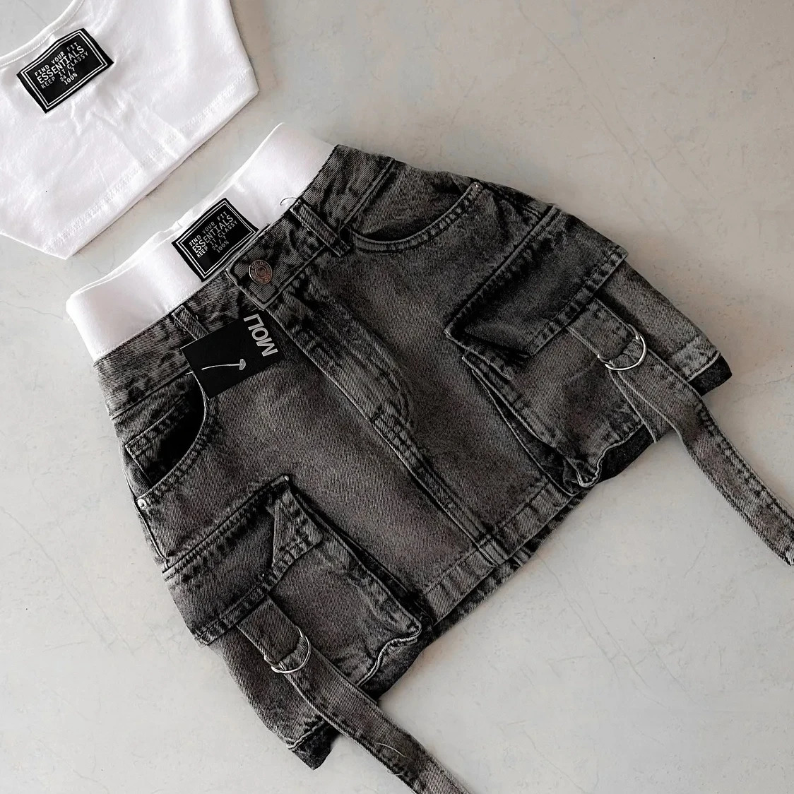 Vintage Y2K Fashion Harajuku Multiple Pockets Denim Plaid Skirt Goth Black Mini Skir Womens Casual Versatile Sexy Streetwear 250207