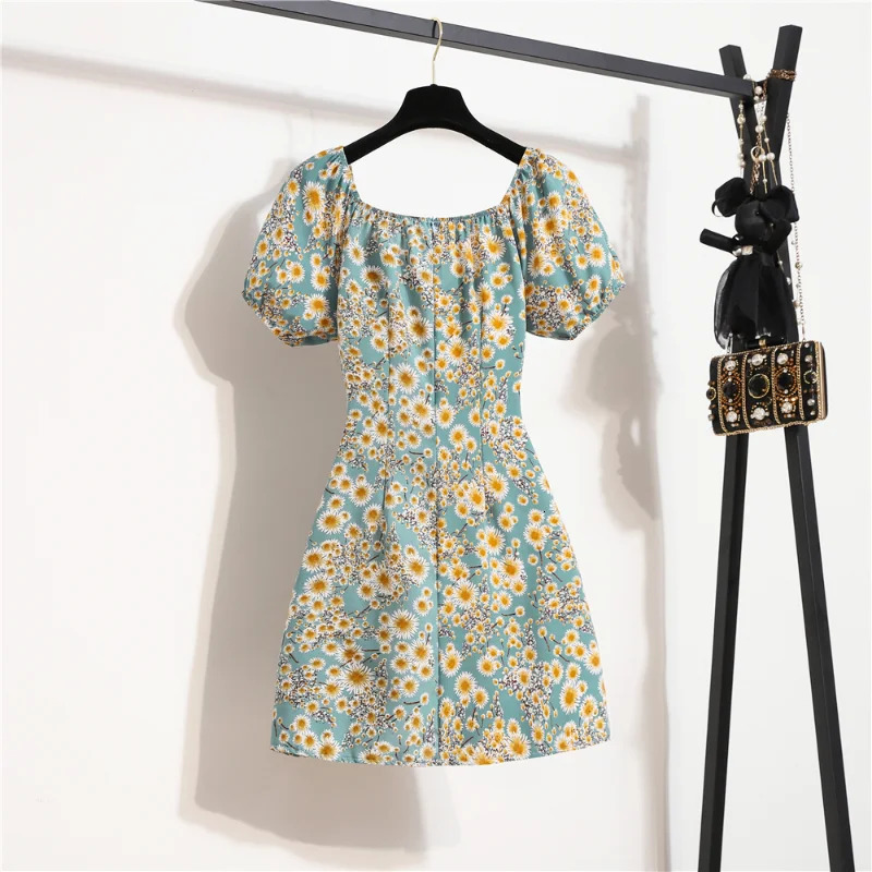 Women Mini Dresses Summer Fashion Female Print Floral Chiffon Shirring Pleated Short Puffy Sleeve Casual Dress 250206