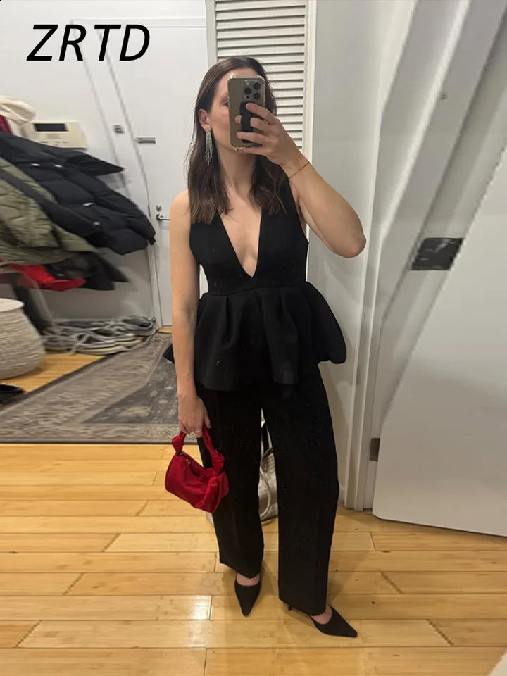 Elegant Ruffle Vest Pants Sets Women Sexy Vneck Tank Tops Loose High Waist Harem Pant Spring Lady Solid Vacation Outfits 250206
