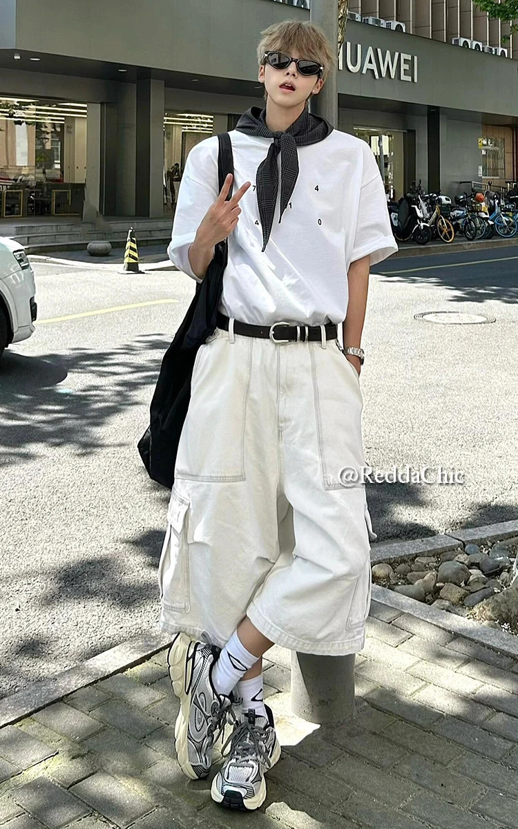 Reddachic Mens Adjustable Low Waist White Pocket Jorts Flat Top Cargo Casual Wide Denim Shorts Summer 250207
