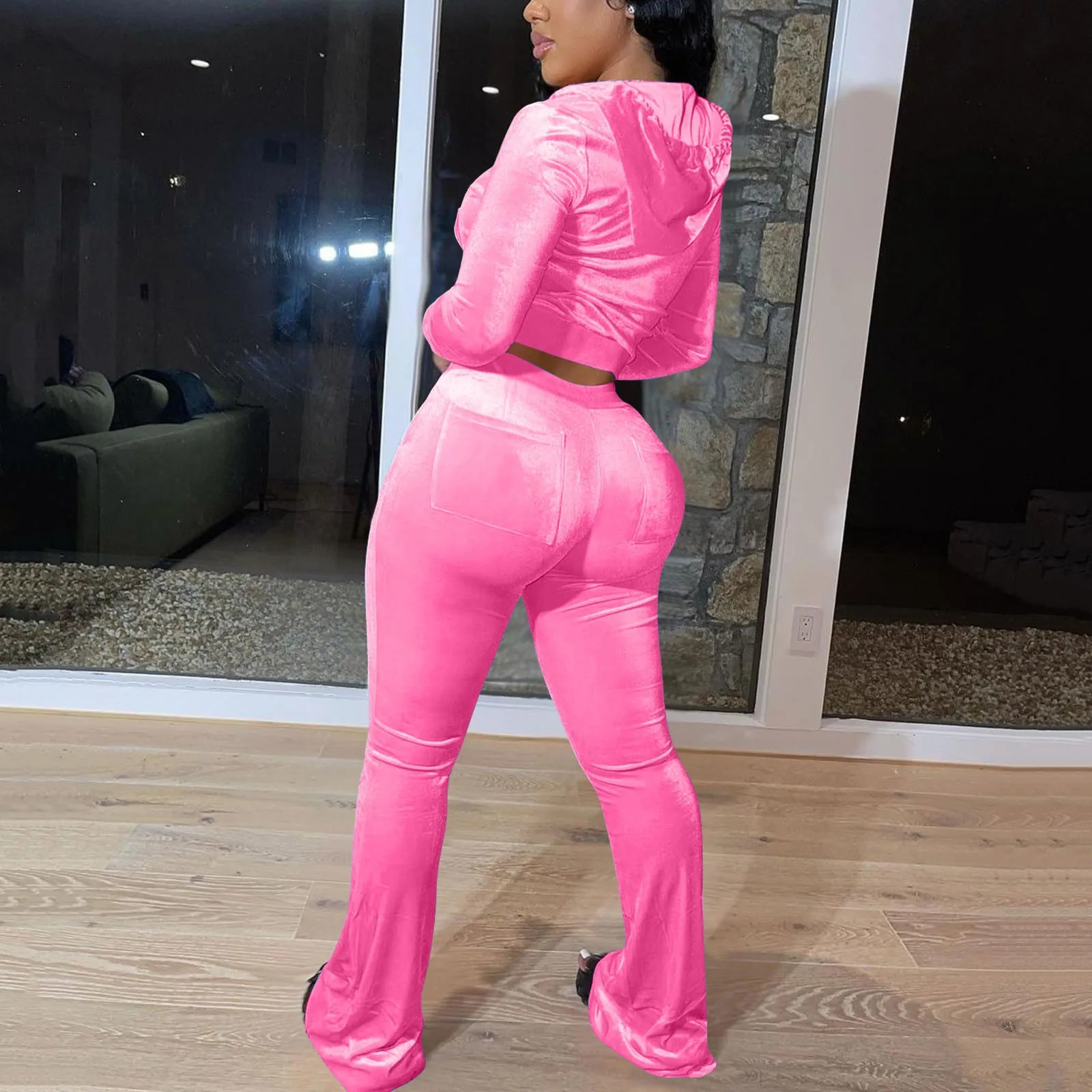 Pantsuit Women Tracksuit Set Two Pieces Slim Fit Velour Velvet Outfit Casual Zip Up Hoodie Jacket Vertical Sweatpants 250206