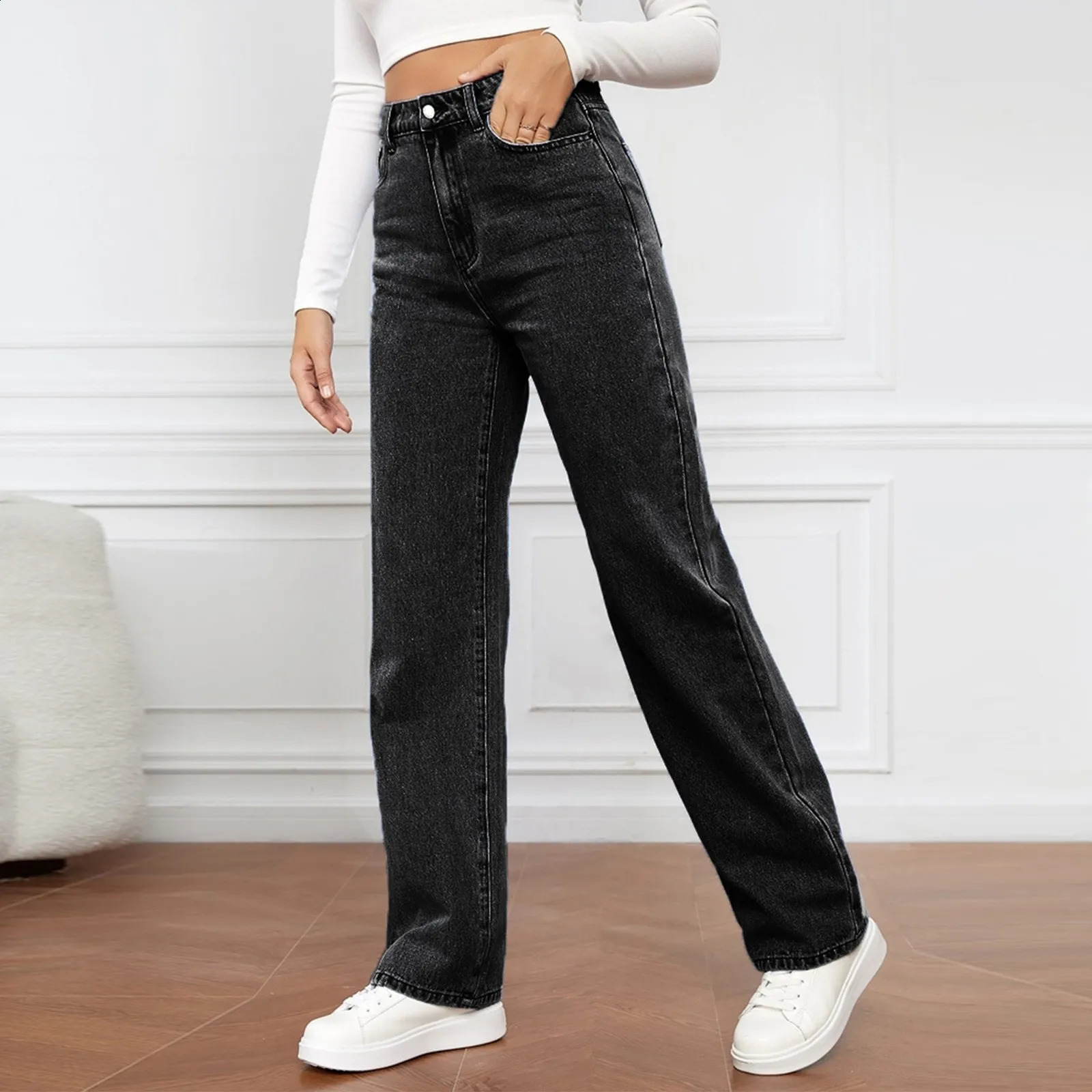 Womens High Waist Washed Jeans Fashionable Versatile European American Straight Leg Pants 2000s Clothes Y2k Baggy 250206
