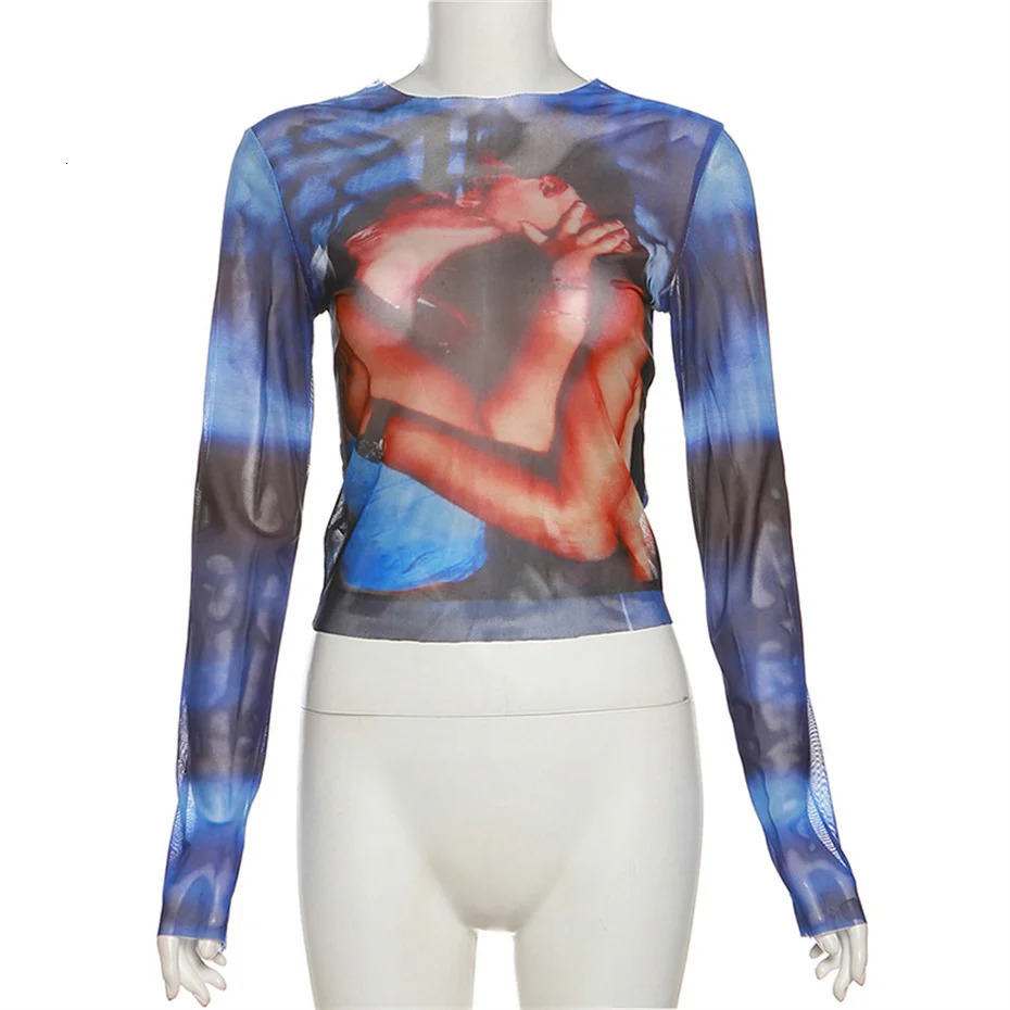 10pcs Bulk Items Wholesale Printed Sexy Mesh See Through Crop Top Women Clothing Fall Long Sleeve T Shirt Tops Y2k B12837 250206