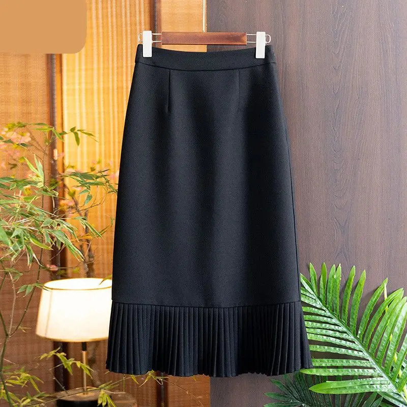 Fashion Solid Color Womens Fashion Fishtail Skirt Commuting Straight Tube High Waist Slim Temperament Pleated Skirt Lady 250207