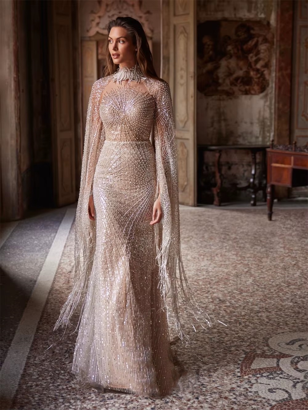 Modern Pearls Wedding Dresses Sequins Beading Mermaid Bridal Gowns Long Sleeve O Neck Customized Princess Sweep Train Bride Dress Vestidos De Novia
