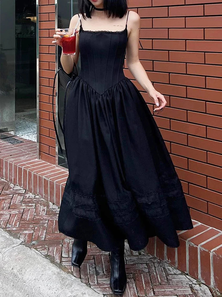SUCHCUTE Korean Black Maxi Dress Women Gothic Aesthetic Skinny Sleeveless Party Dresses Vintage Streetwear Clubwear 90s Summer 250107
