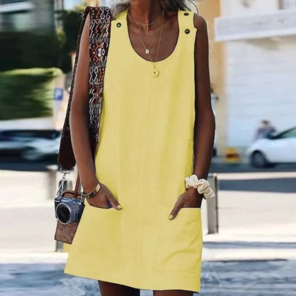 2023 Woman Summer Beach Dress Ele Solid Cotton Linen Sveless Long Tank Dress Casual Loose Party Pockets Sundress VestidosXJ2500207