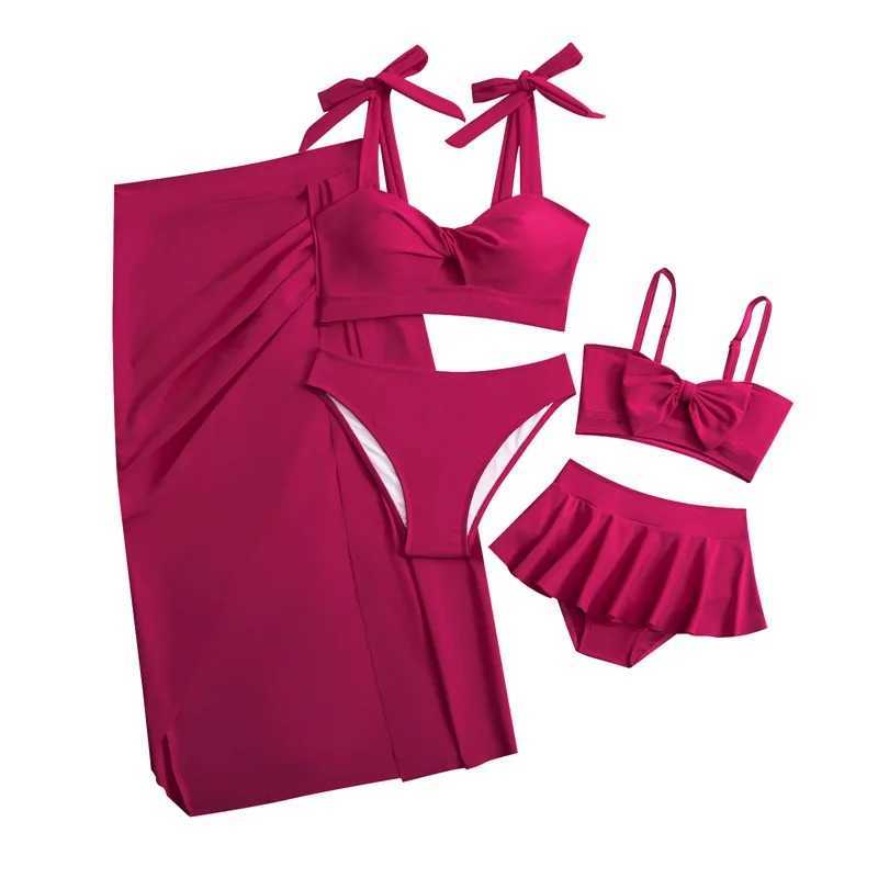 2024 Family Matching Swimsuit Summer Bikini Mother Daughter Bow Swimwear Mom Baby Girls Clothing Set 3PCS Moms Swimsuit Skirt W250207