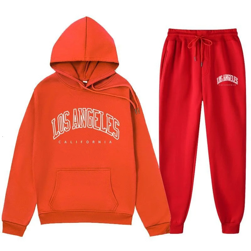 2024 LOS Los Angeles Letter Printed Same Color And Pants Set For Mens AutumnWinter With Velvet Hoodie 250207