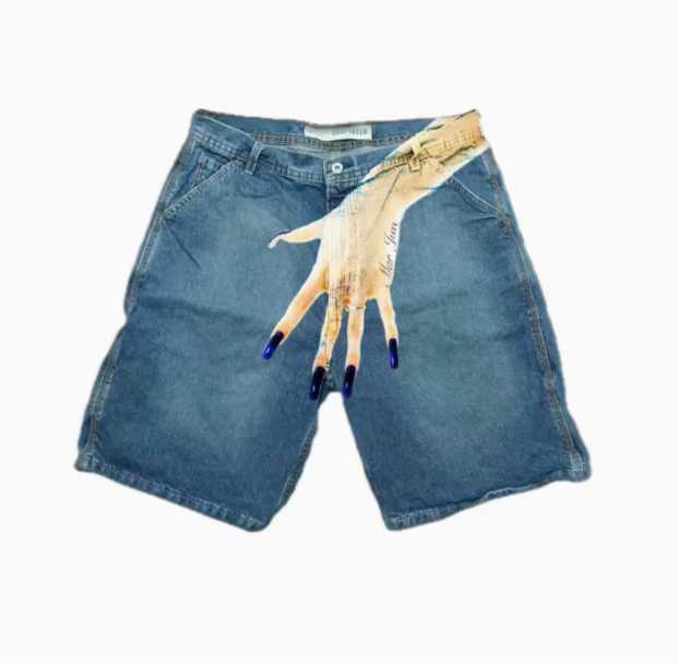 Retro hip-hop blue Baggy hand print men denim shorts Y2K Gothic Harajuku sports pants basketball shorts long pantsX240914
