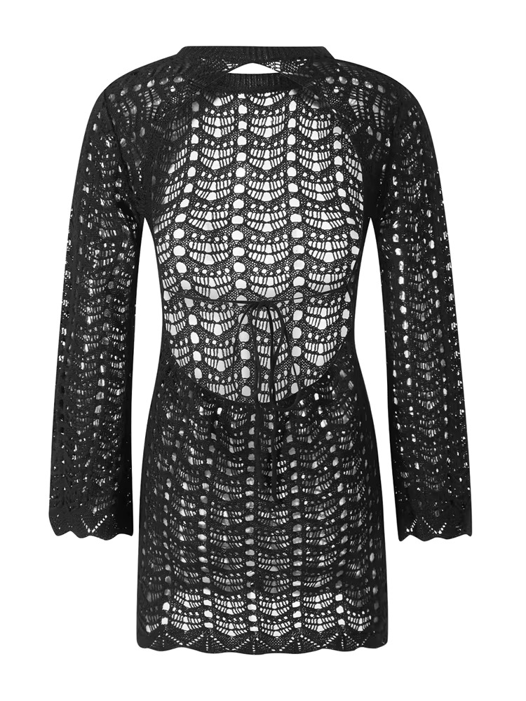 Women Knit Hollow Out Long Sleeve Round Neck Backless Short Dress Summer Fall Beach Club Party Wrapped Dreses
