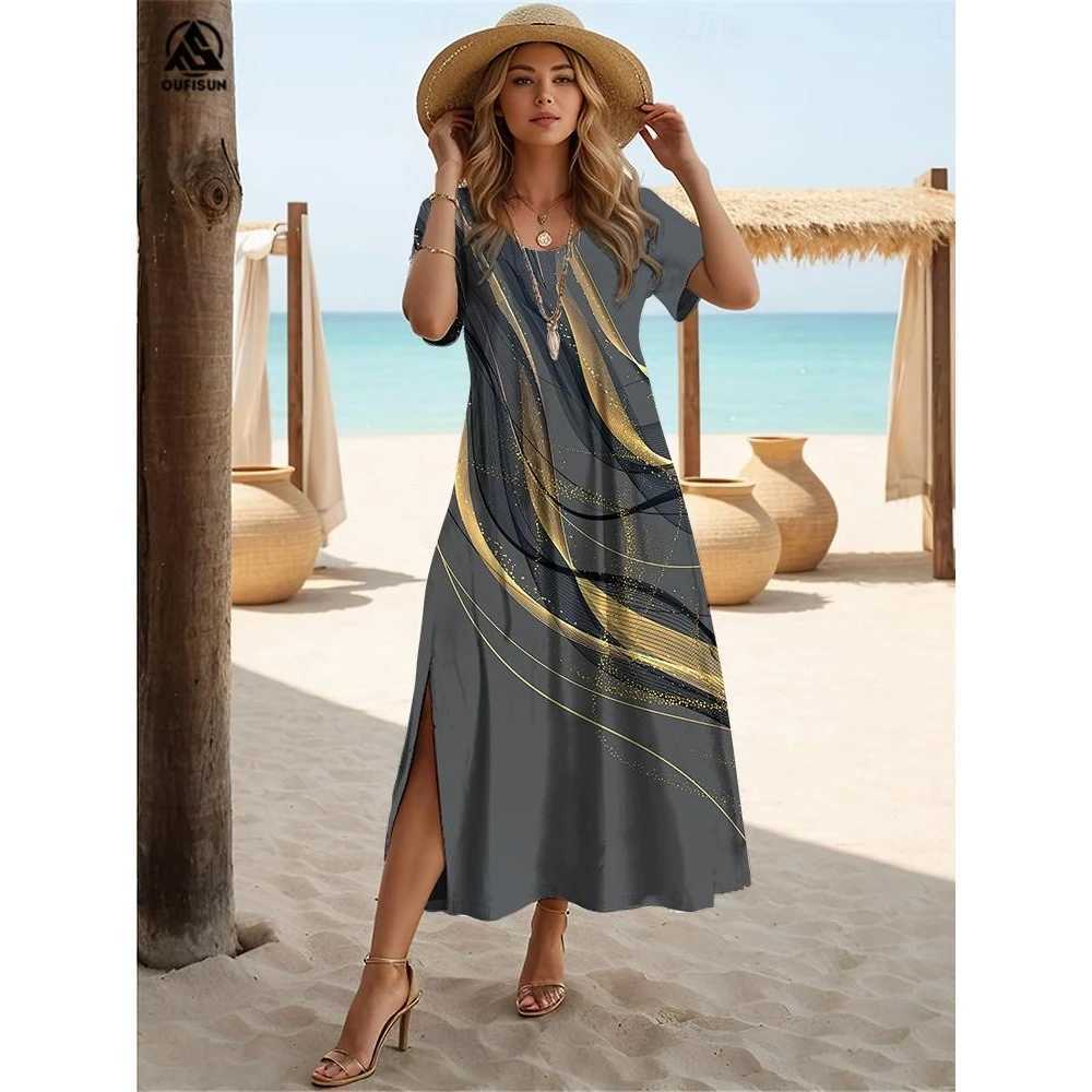 Summer Stres Print Clothing Ele Womens Slit Dress V-Neck Short Sves Long Dresses Loose Pullover Hot Selling StreetwearXJ2500207
