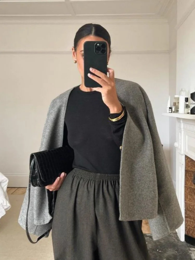 Elegant Grey Cropped Womens Jacket V Neck One Button Long Sleeves Loose Tweed Short Coat 2025 Spring Lady Office Outerwears 250110