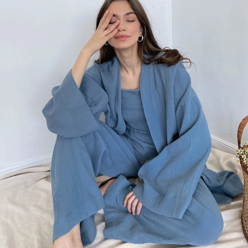 NHKDSASA Kimono Pajamas 100% Cotton Crepe Long-Sleeved Trousers Ladies Sleepwear Suit Womens Home Service Mujer 250207