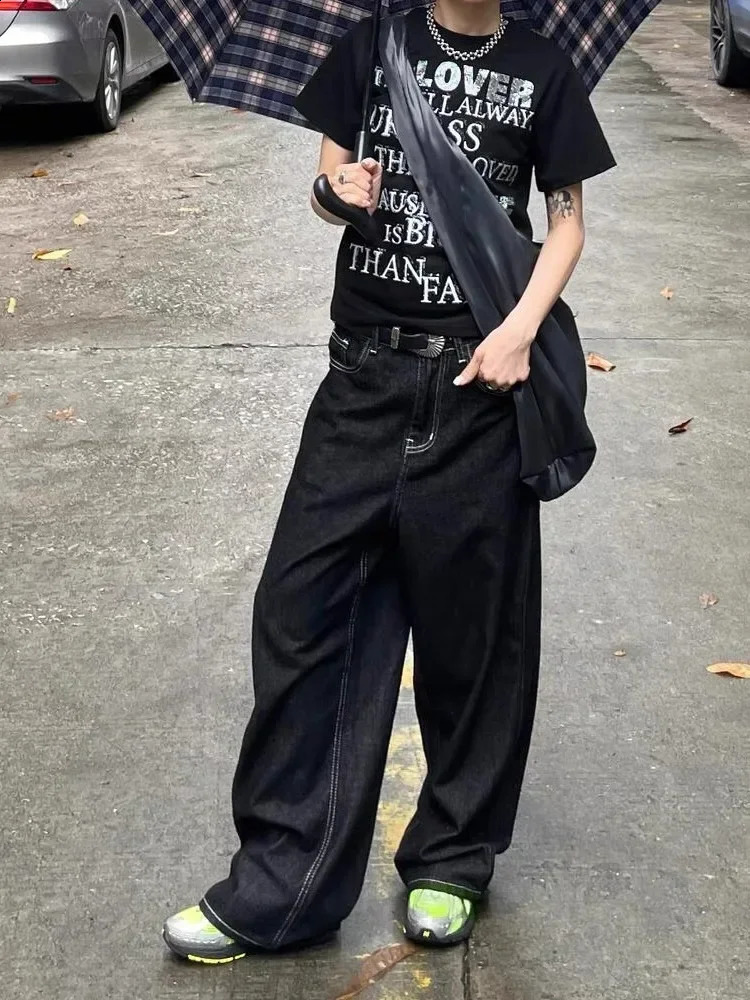 Retro ed Black jeans Y2k Womens Super Street Baggy Loose Jeans Mens Hip Hop Gothic Classic Style Women pants 250206