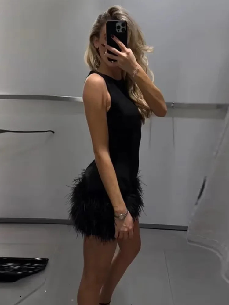 TRAF Black Feather Short Dresses for Women off Shoulder Corset Dres Fashion Sleeveless Dress Woman Evening Womens 250206