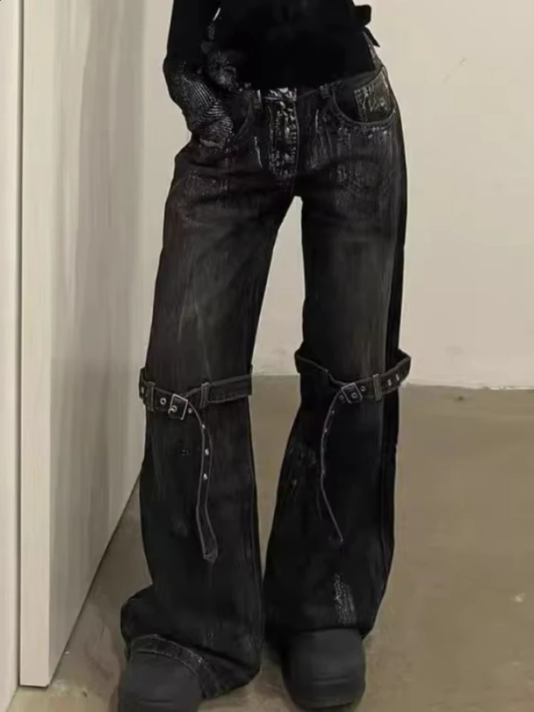 HOUZHOU Y2K Gothic Women Jeans Grunge Hip Hop Harajuku Black Denim Trousers Female Vintage Streetwear Punk High Waist Pant 250206