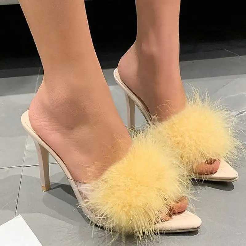 Women Slippers High Heels Fur Stiletto Peep Toe Mules Ladies Indoor Rubber Zapatillas Mujer Pointed Red Summer New Sexy ShoesXJ250207