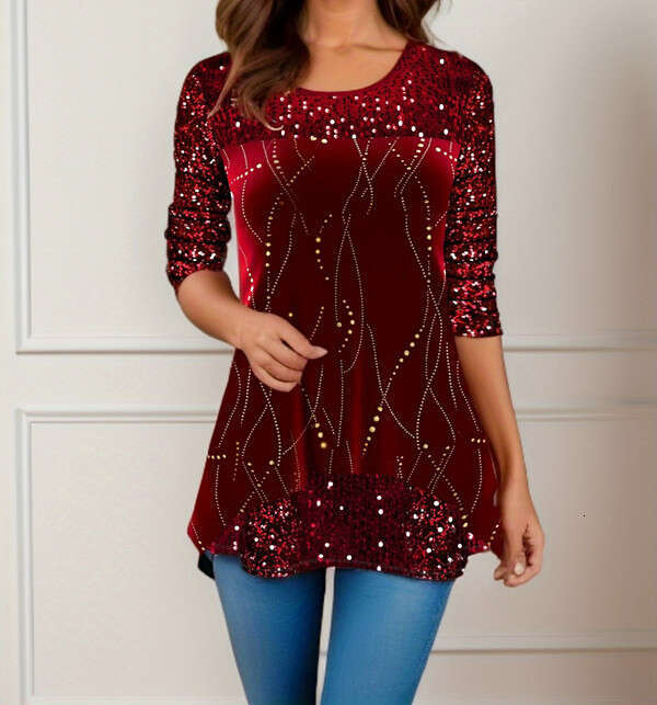 New European American popular women's tops for autumn winter, fashionable printed round neck T-shirt, 2024 new style, chic and elegant clothing