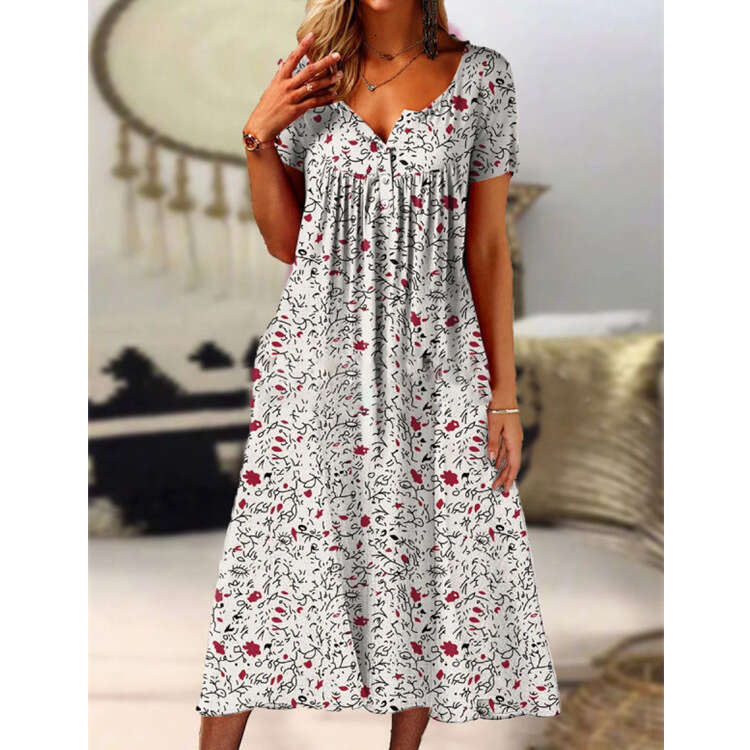European and American Spring Popular Printed V-neck Button Short Sleeve for Women's Pocket Long Dress 2024 New Casual Fashion Trendy Clothing