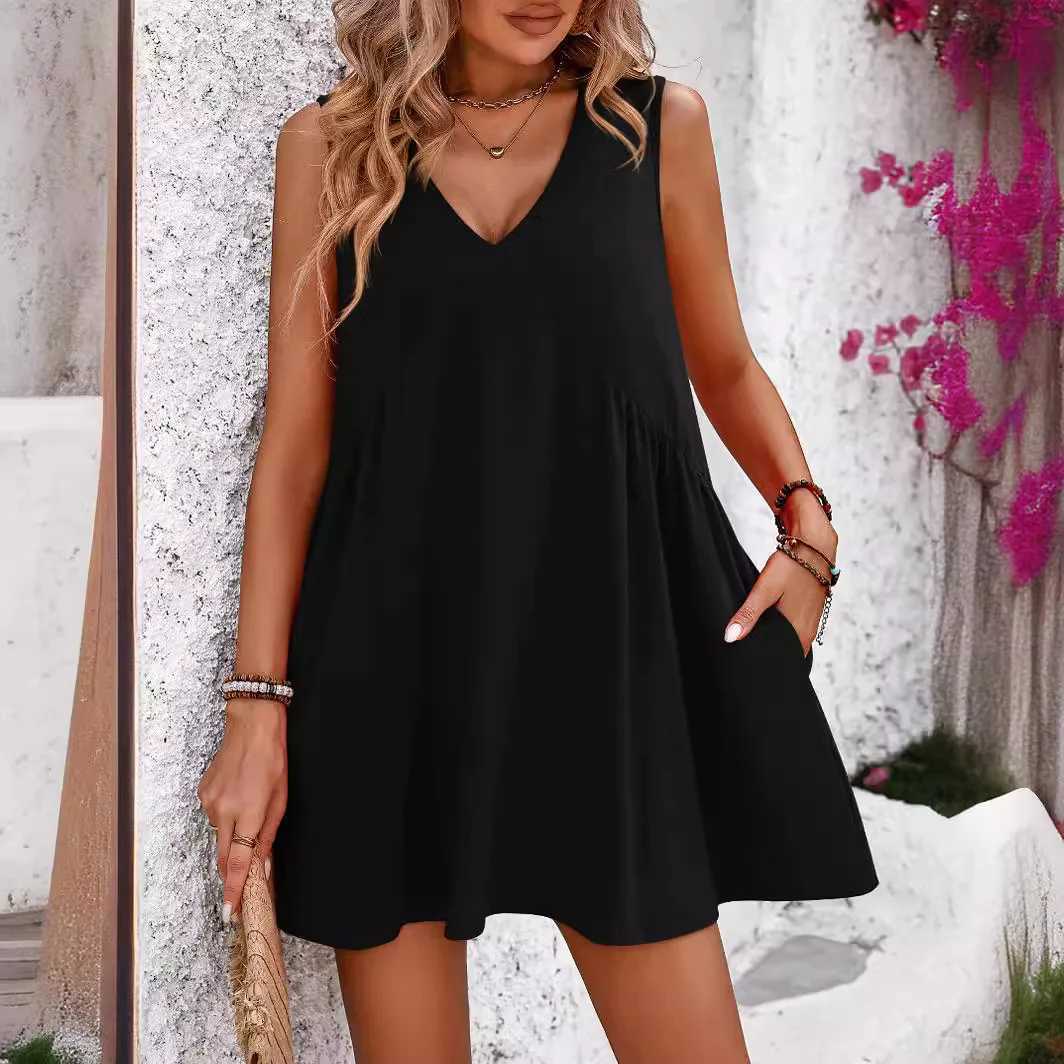 2024 Womens Beach Dress Casual V-neck Sveless Loose Vest Dress Womens Summer Sun Dresses Fe Retro Solid Soft DressXJ2500207