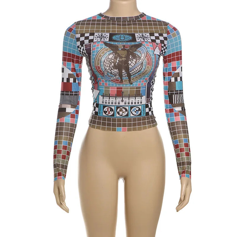 Sifreyr Fashionable Personalized Street Patchwork Color Top Round Neck Long Sleeve Tight Fitting Sexy Open Umbilical T-shirts 250206