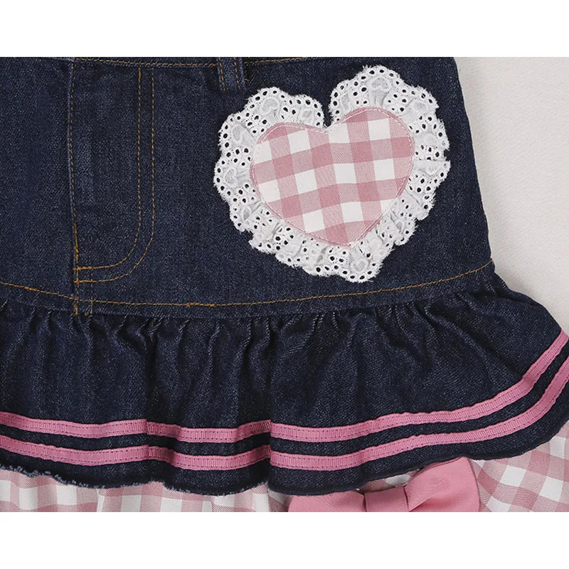2024 Sweet Lolita Mini Denim Skirts Women Gothic Lace Plaid Hearts Ruffles Jk Skirt Japanese Sexy Y2k Punk Tiered Skirt 250207
