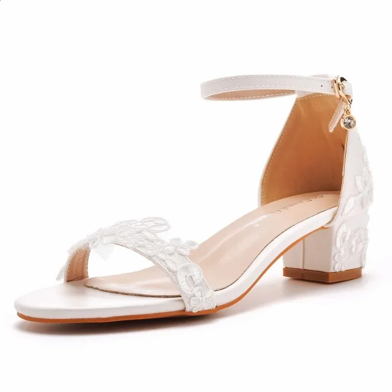 Women Summer Sandals PU 5CM Square Heel Buckle Strap Embroidery Lace Party Dress Wedding Nightclub Women Shoes White 250206