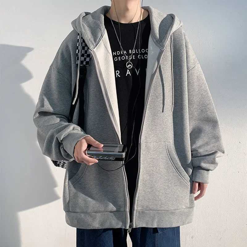 Winter and autumn loose solid color fashionable hooded sweatshirt jacket American style zipper mens cardigan W250207