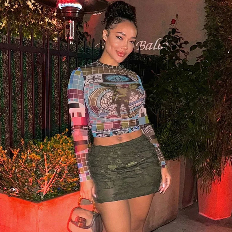 Sifreyr Fashionable Personalized Street Patchwork Color Top Round Neck Long Sleeve Tight Fitting Sexy Open Umbilical T-shirts 250206