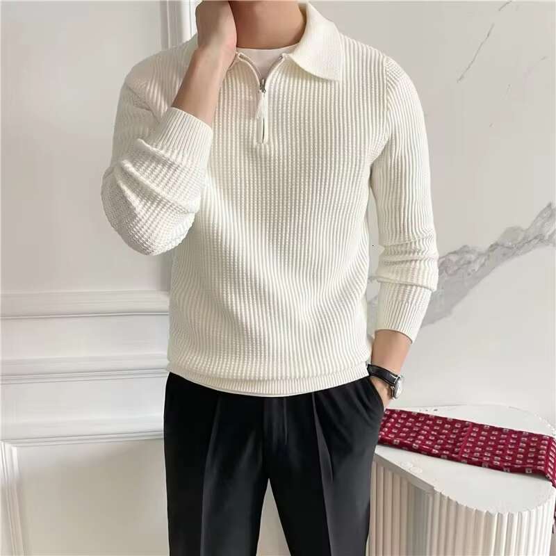 Men's Clothing Knit Pullover Zipper Polo Neck Sweater Leisure Streetwear Popular Retro Solid Color Long Sleeve Knitwear