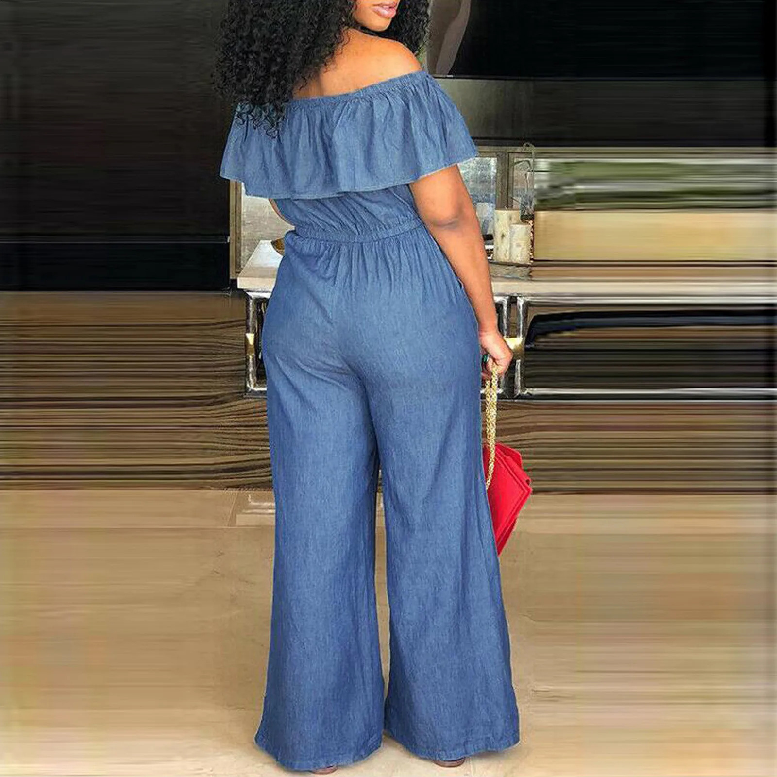 Plus Size 5xl Elegant Office Jumpsuits Women Long Denim Rompers 2024 Summer Casual Solid Color Ruffle Off Shoulder Overalls 250206