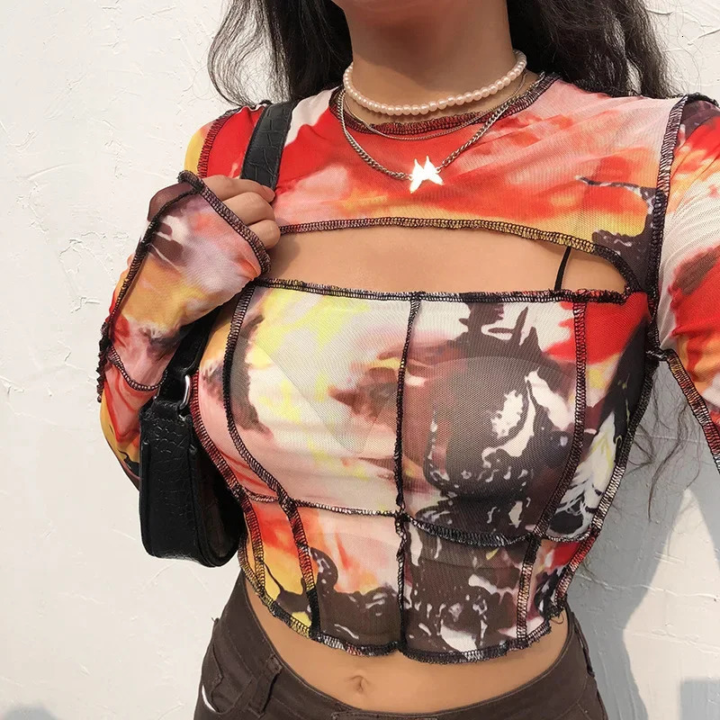 Hollow Out T Shirts Women Mesh Crop Top Vintage Y2k Streetwear 2000s Aesthetic Autumn Print Long Sleeve T-Shirt Sexy Women Tees 250206