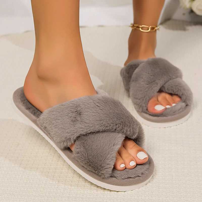 Cross Warm Fluffy Furry Slippers Women Lightweight Flat Heels Fur Slides Woman Autumn Winter Open Toe N Slip Home Floor ShoesXJ250207
