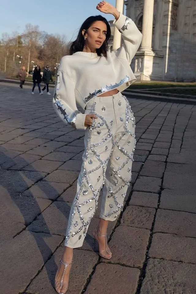 Sequin Decor Straight Leg Denim Jeans for Women High Wait Casual Pockets Vintage Denim Pencil Pants Trousers W250207