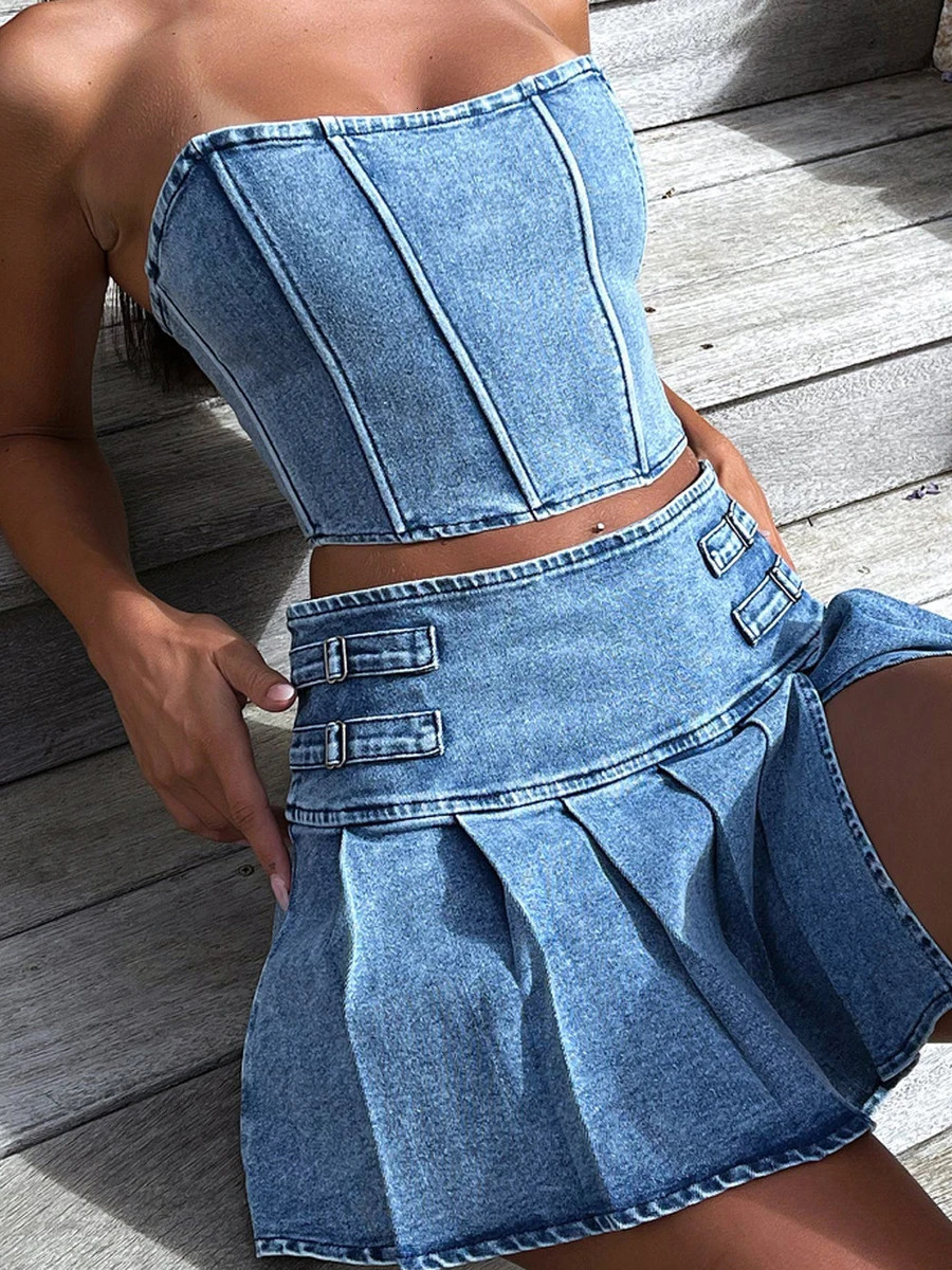 Women s 2 Piece Jeans Outfit Summer Sleeveless Off Shoulder Denim Tank Crop Top Pleated Denim Skirt Set 250207
