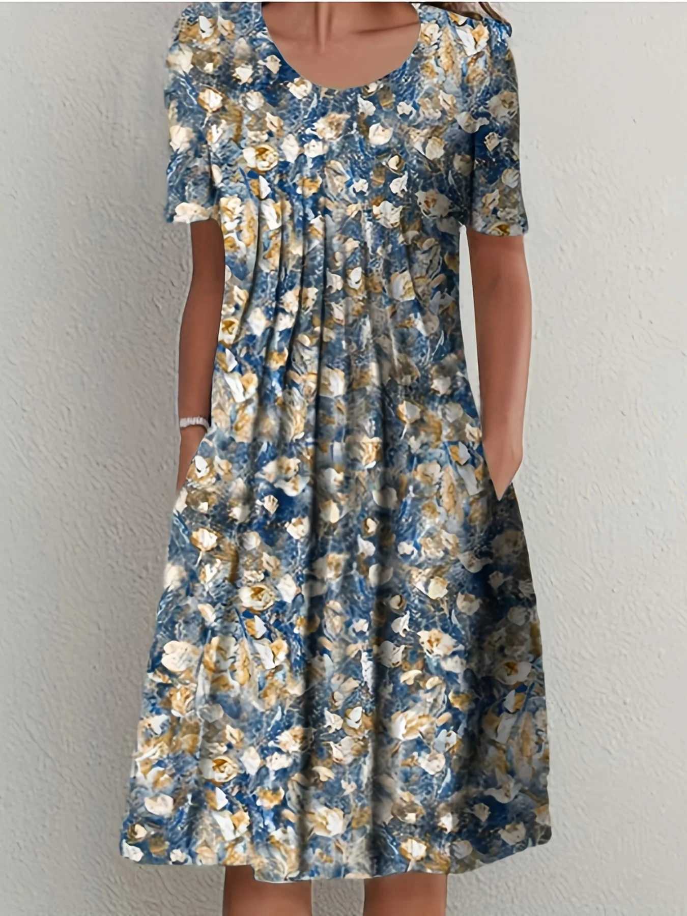 Spring And Summer Womens Ele Large Skirt Round Neck Printed Short-sved DressXJ2500207