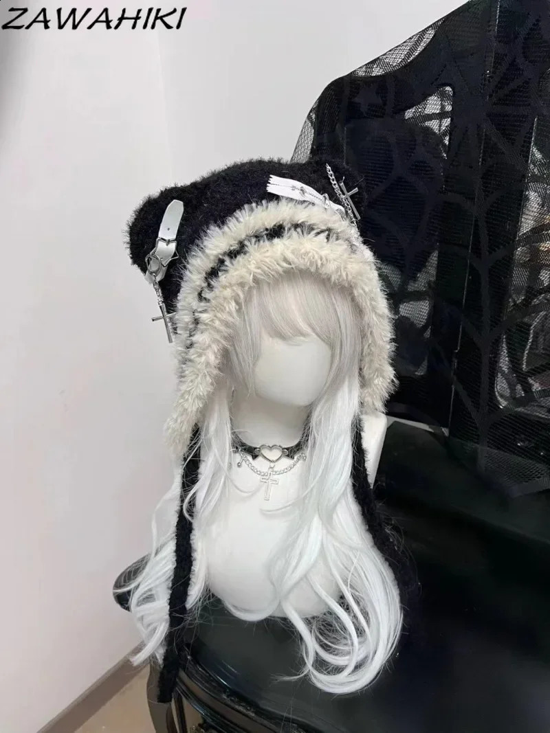 Japanese Knit Hat for Women Chains Belt Fur Hats Contrast Color Keep Warm Caps Female Fashion Cute Gorras Invierno Mujer 250120