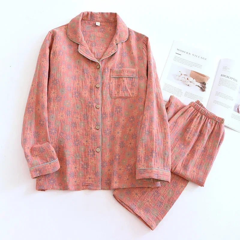 Ethnic Style 100% Cotton Print Pajamas for Women 2 Pieces Outfit Loungewear Jacquard Gauze Sleepwear Long Sleeve Home Clothes 250207