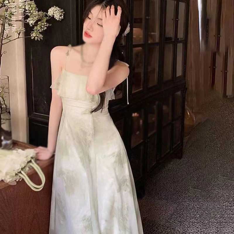 Womens Tie-Dye Floral Sveless Halter Dress Summer Waist Slim Long Dress Ruffle Le Hem Halter Tenderness DressesXJ2500207